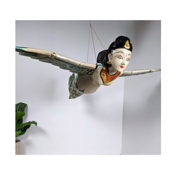 Flying Winged Dewi Sri Goddess Mobile Spirit Chaser Carved Wood Bali Art Vintage - Picture 2 of 9